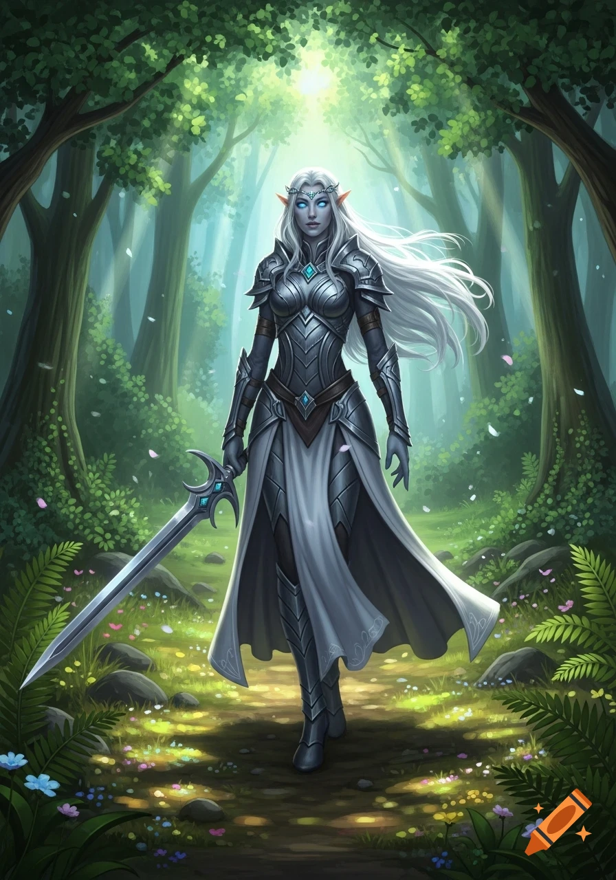 A silver-skinned elf warrior with long white hair and blue eyes, wearing ornate silver armor, holds a sword while walking through a sunlit forest.