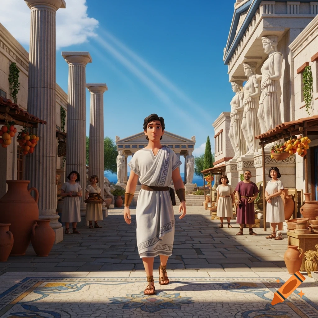 A 3D animated young man in a white tunic walks through an ancient Greek city with columns and statues under a blue sky.