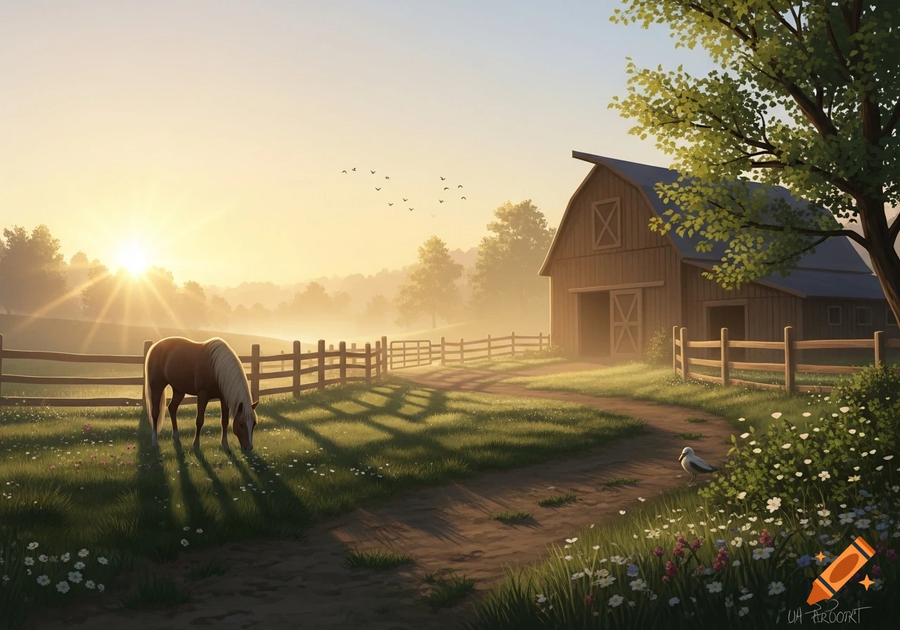 A horse grazes in a sunlit field with long shadows stretching across the grass towards a wooden barn and fence at sunrise or sunset.