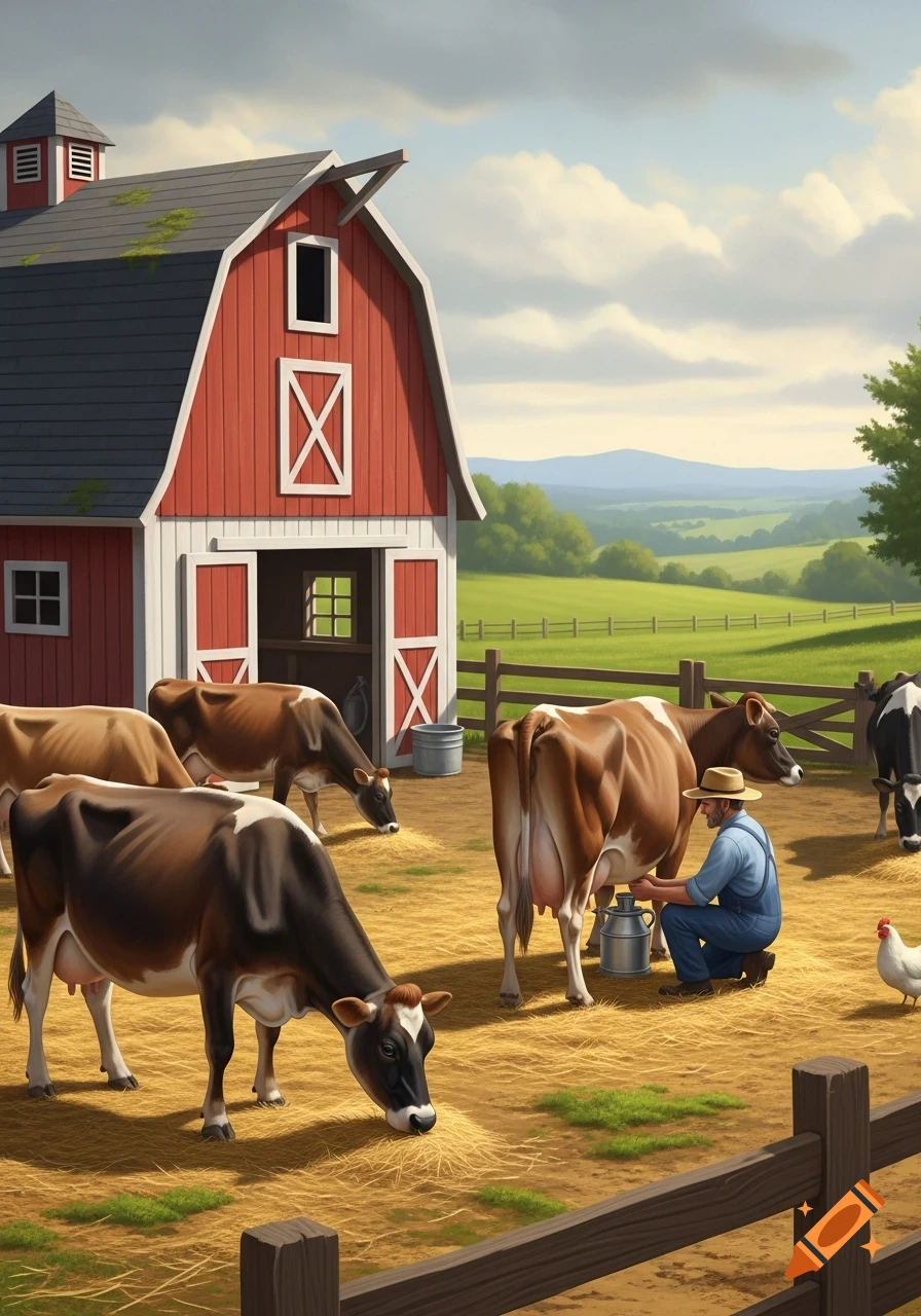 A farmer milks a cow by a red barn, with other cows grazing in a sunny rural landscape, featuring a chicken.