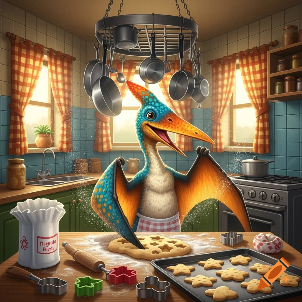 A colorful, friendly pterosaur in a cozy kitchen bakes cookies, with flour in the air, dough, cutters, and fresh cookies on a tray.