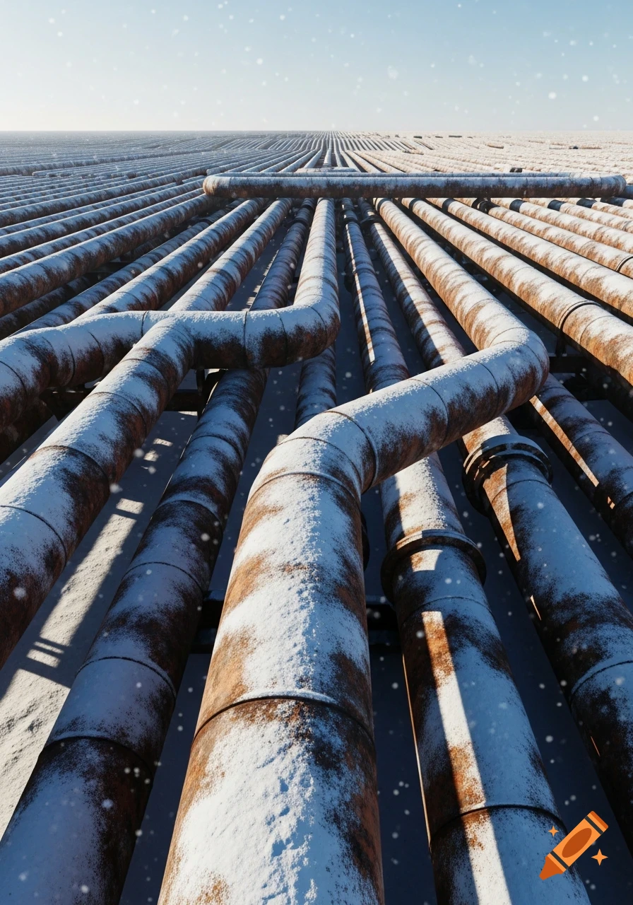 Rusty tubular pipes covered in snow stretch into the distance under a bright sky, with some pipe sections bending.