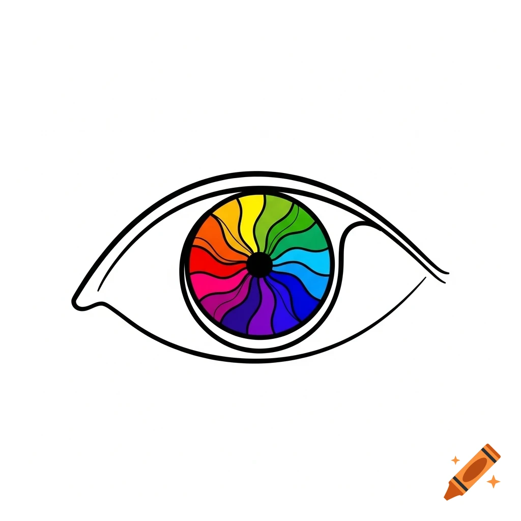 A symmetric black outline drawing of an eye with a vibrant, swirling rainbow color wheel for the iris, set against a white background.