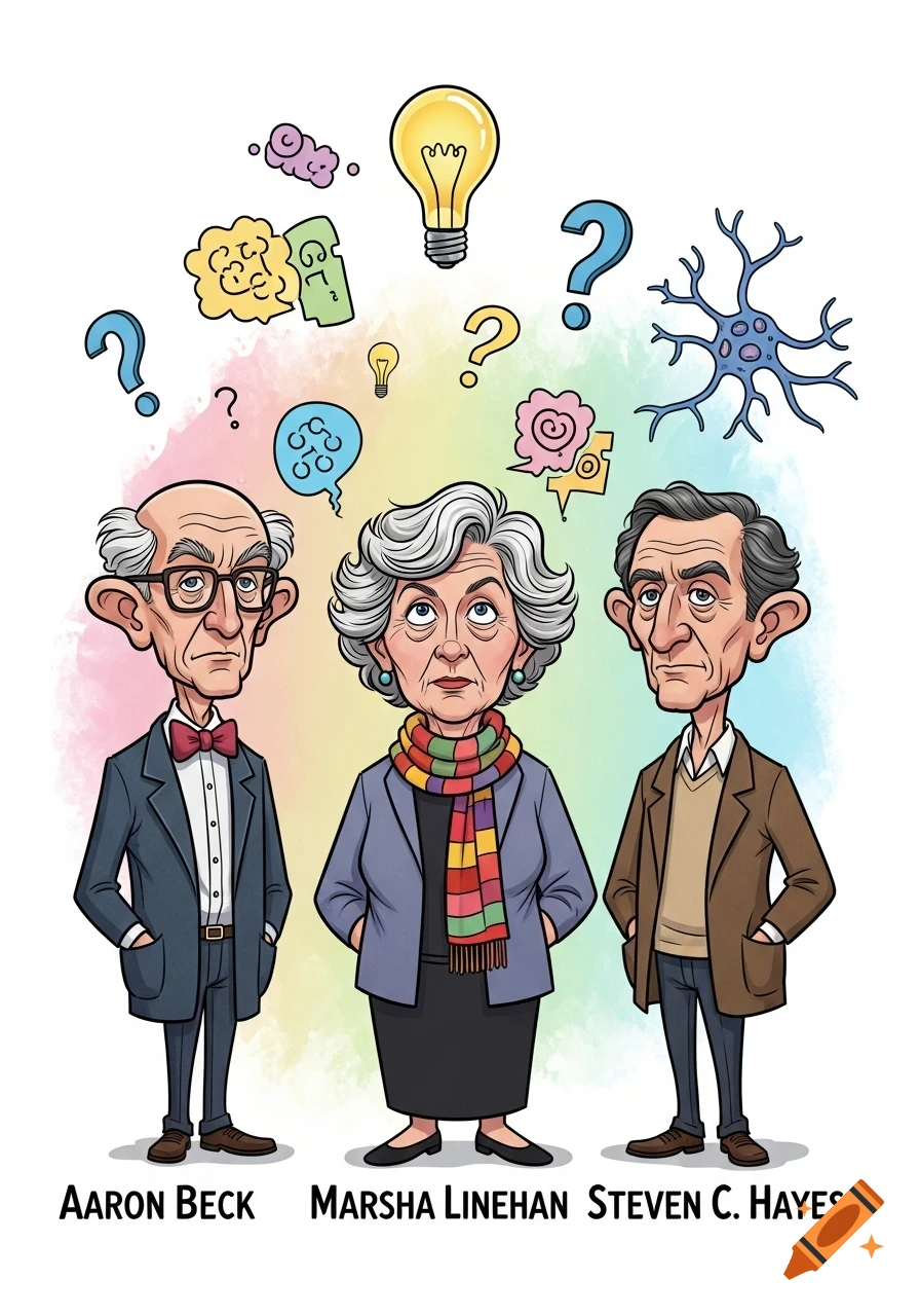 Cartoon of three psychology figures: Aaron Beck, Marsha Linehan, and Steven C. Hayes, with symbols of ideas and questions above them.