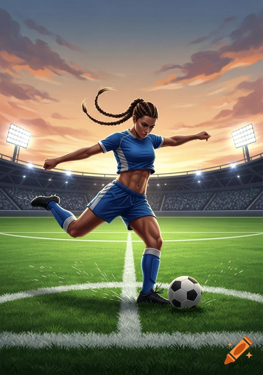 A determined female soccer player in a blue uniform kicks a ball on a green stadium field at sunset.