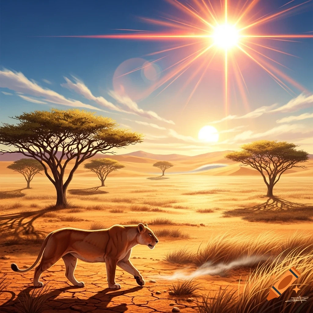 A lioness walks across a cracked, dry savanna landscape with acacia trees under a bright, radiant sun.