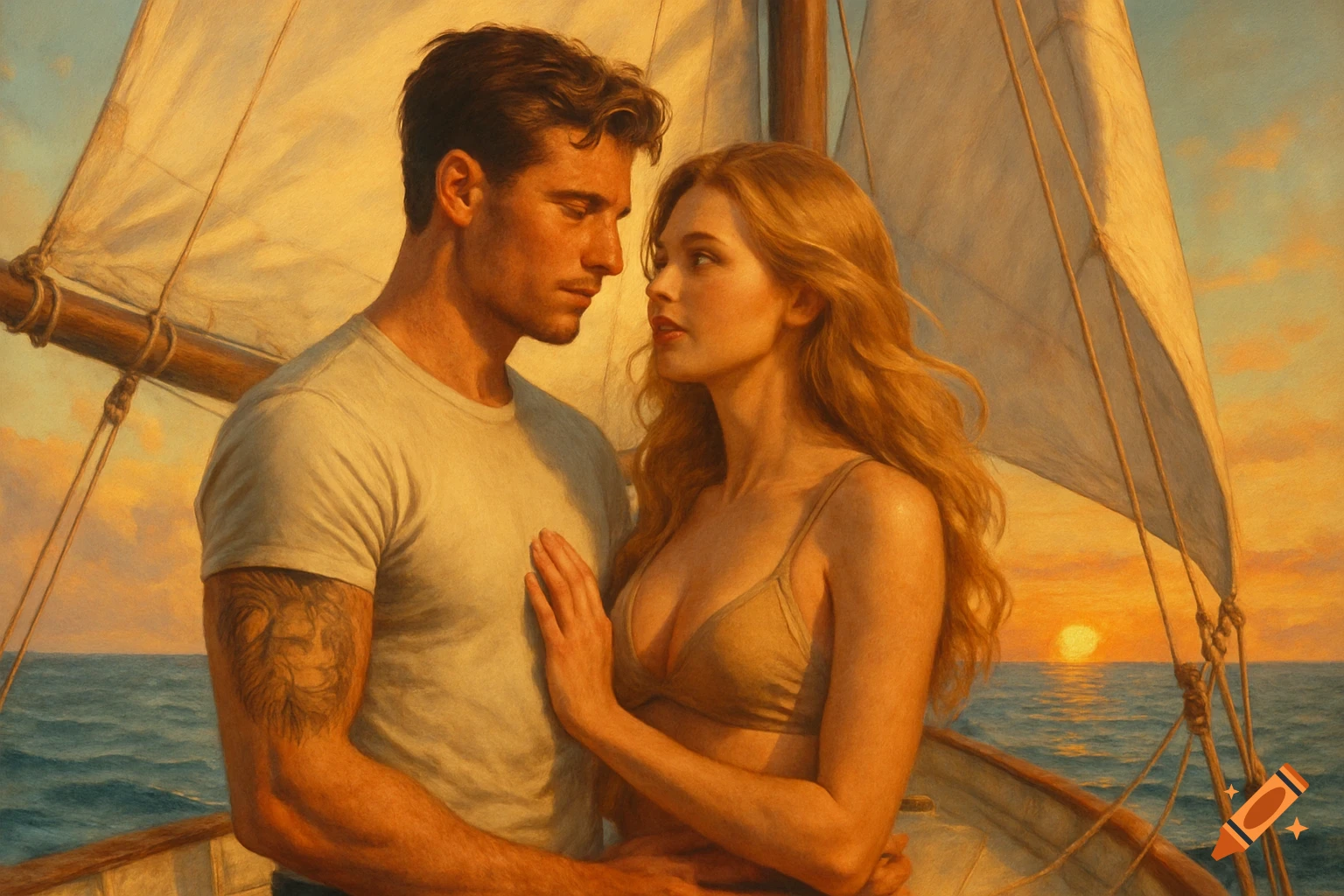 A man and woman embrace on a sailboat at sunset, rendered in a realistic, painterly style.