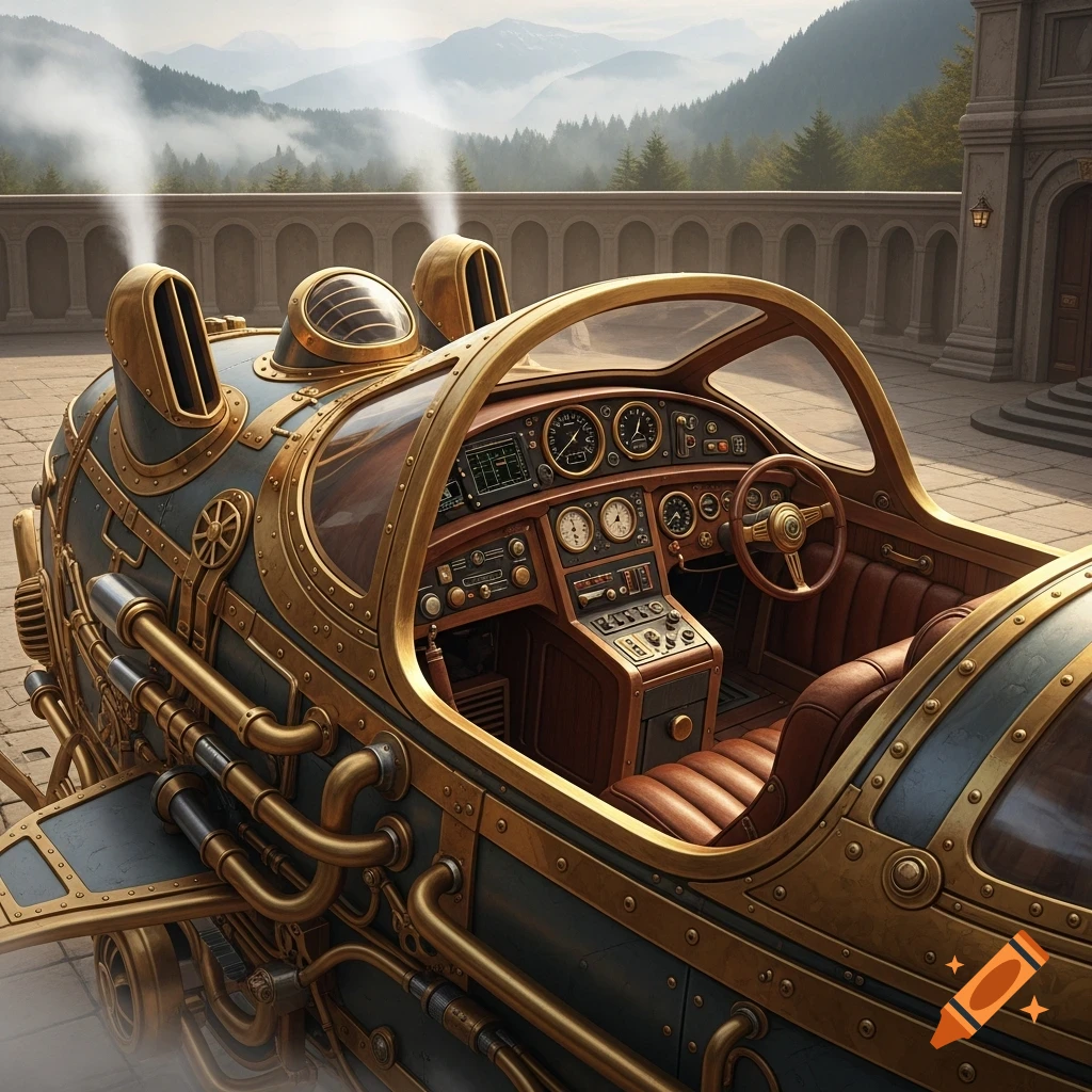 Detailed steampunk vehicle cockpit with a visible interior, steam rising, set against a mountainous landscape and classical architecture.