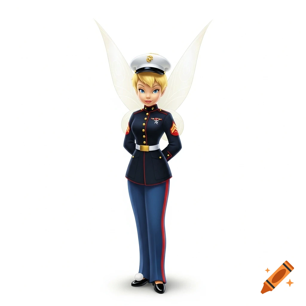 Tinkerbell, a blonde fairy, stands facing forward, wearing a detailed US Marine Corps dress blues uniform and a white officer's cap, on a white background.