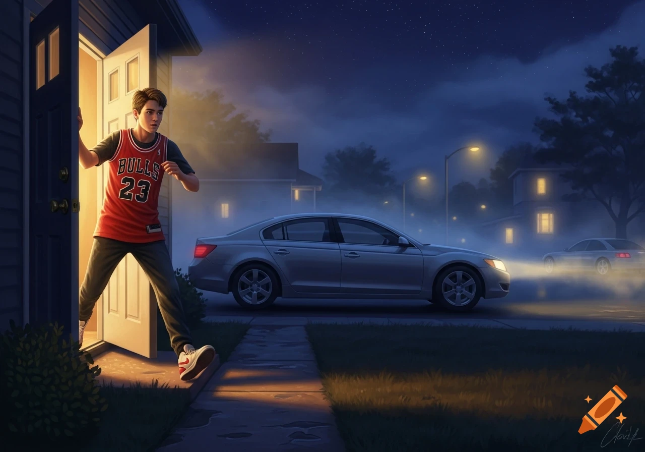 A teenage boy in a Chicago Bulls jersey runs out of a house at night, towards a silver car parked on the street.