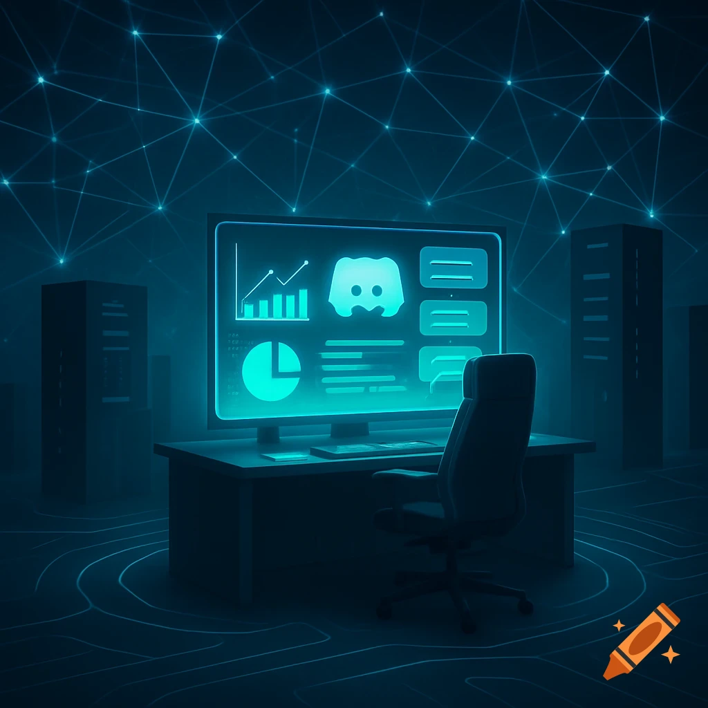 A glowing blue futuristic data center room with a monitor displaying network graphs, charts, and a Discord logo on a desk with an office chair.