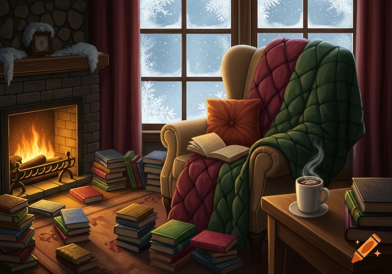 A cozy winter scene with a lit fireplace, an armchair with blankets, open books, and a mug by a snowy window.