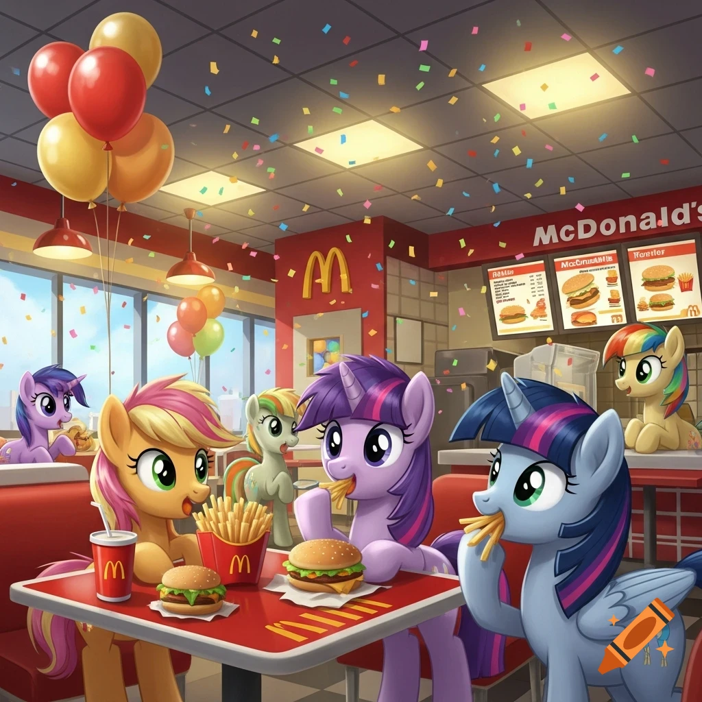 My Little Pony characters eating burgers and fries at a McDonald's restaurant, with confetti falling from the ceiling.