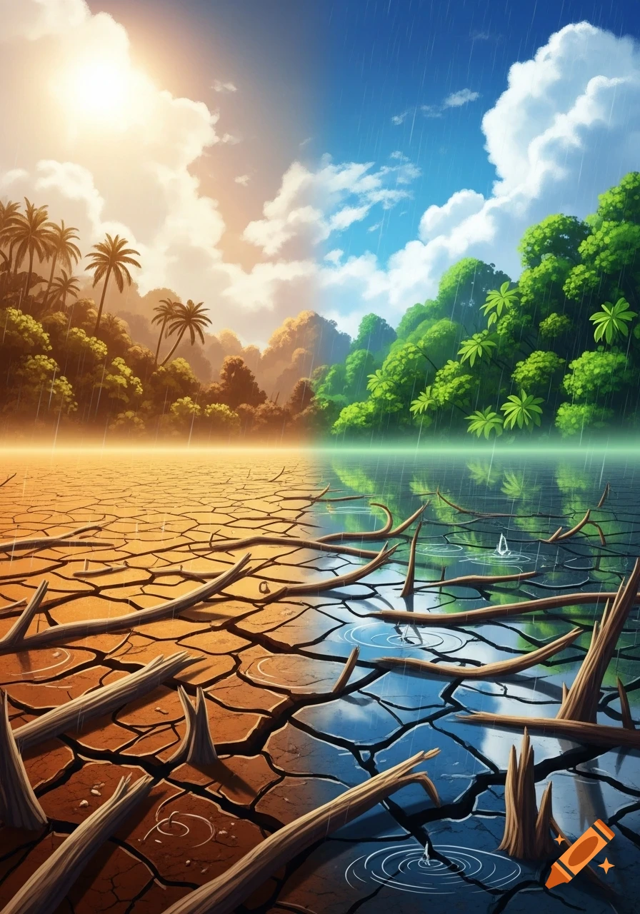 A stylized landscape split between a dry, cracked desert on the left and a lush, rainy jungle with water on the right, symbolizing climate change.