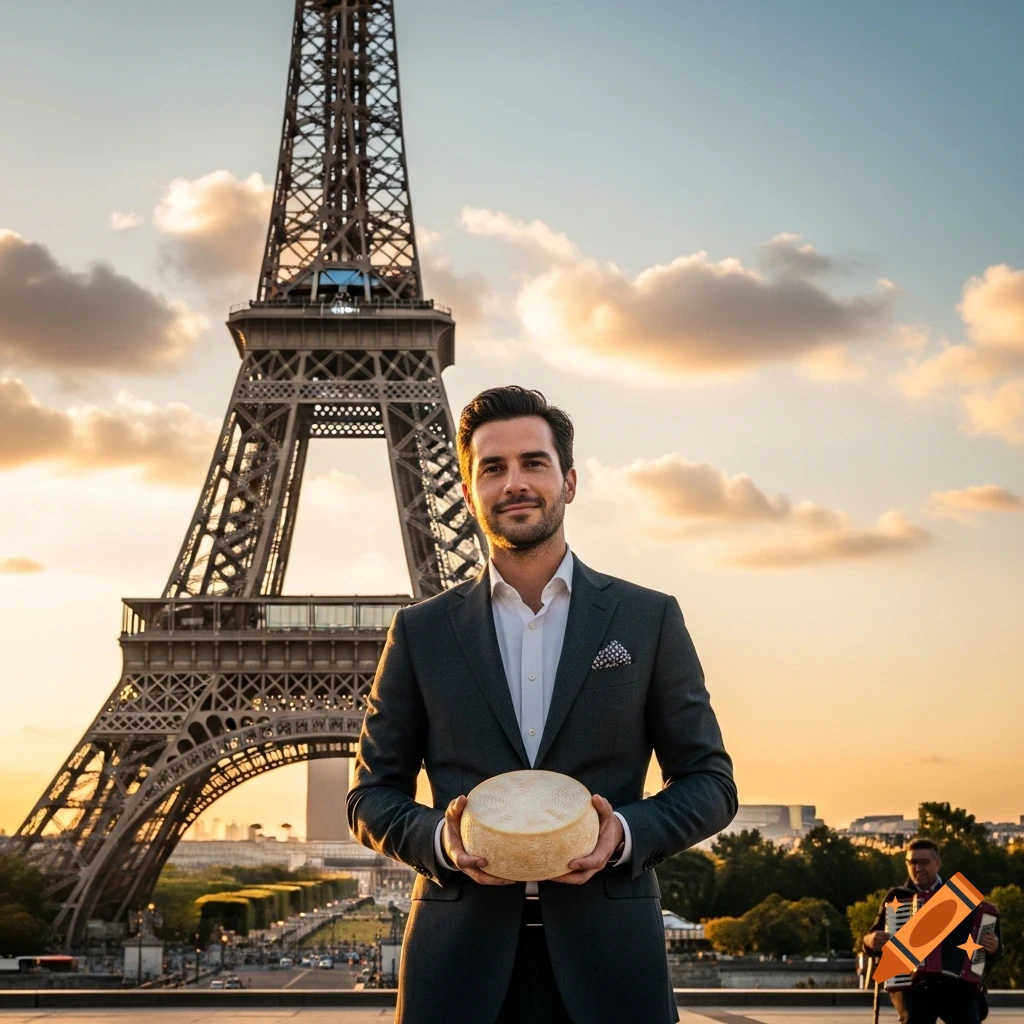 Smiling man in a suit holds a wheel of cheese in front of the Eiffel Tower at sunset, with an accordion player in the background.