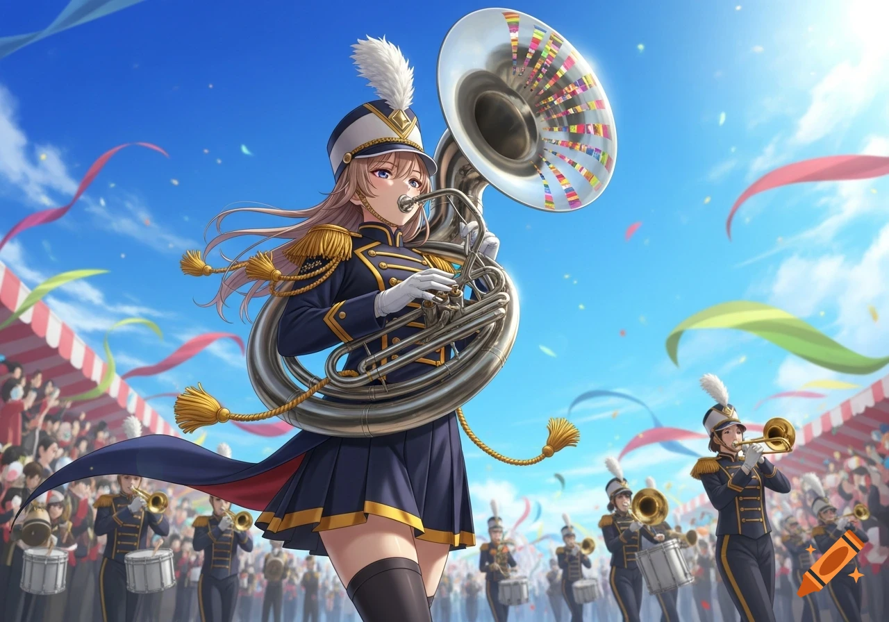 An anime woman in a blue and gold marching band uniform plays a sousaphone during an outdoor parade under a blue sky with confetti.