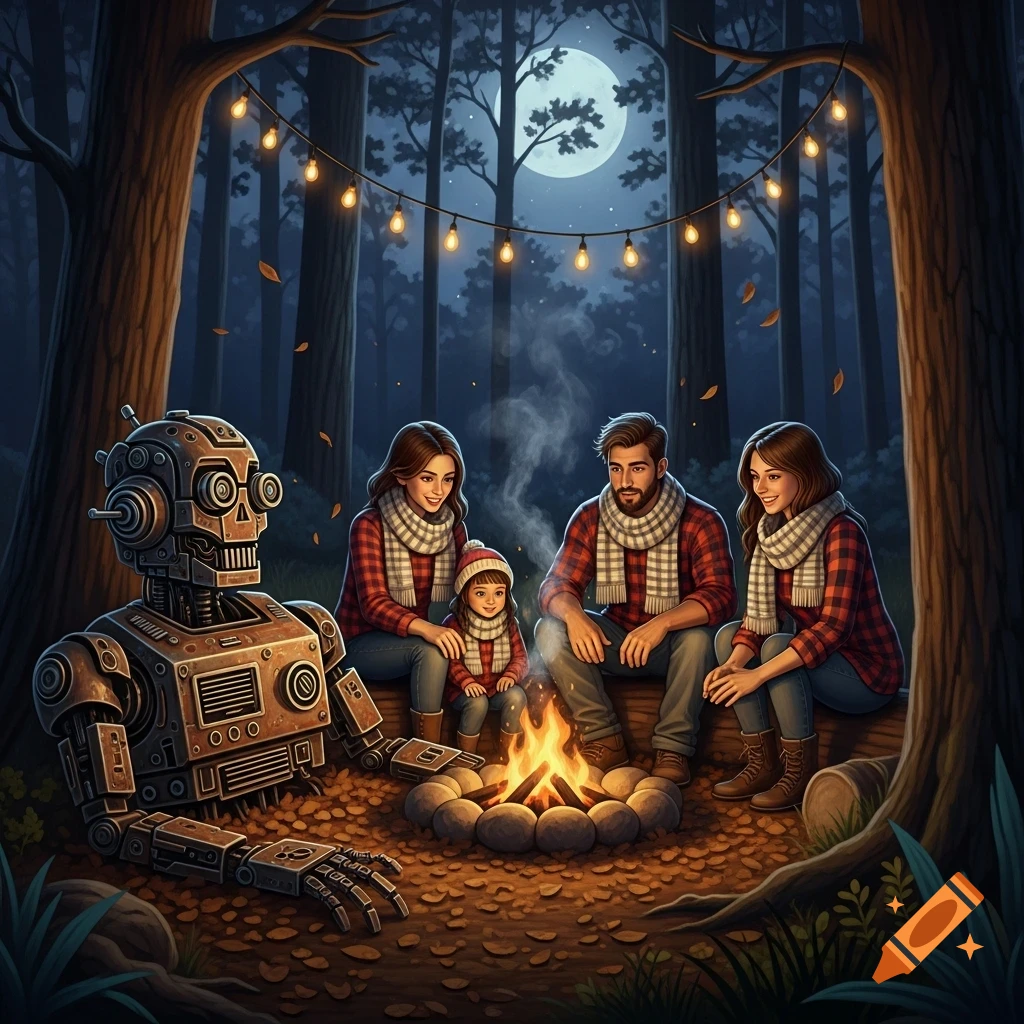 A stylized illustration of a family and a rusty robot camping in a dark forest at night, gathered around a campfire under string lights and a full moon.