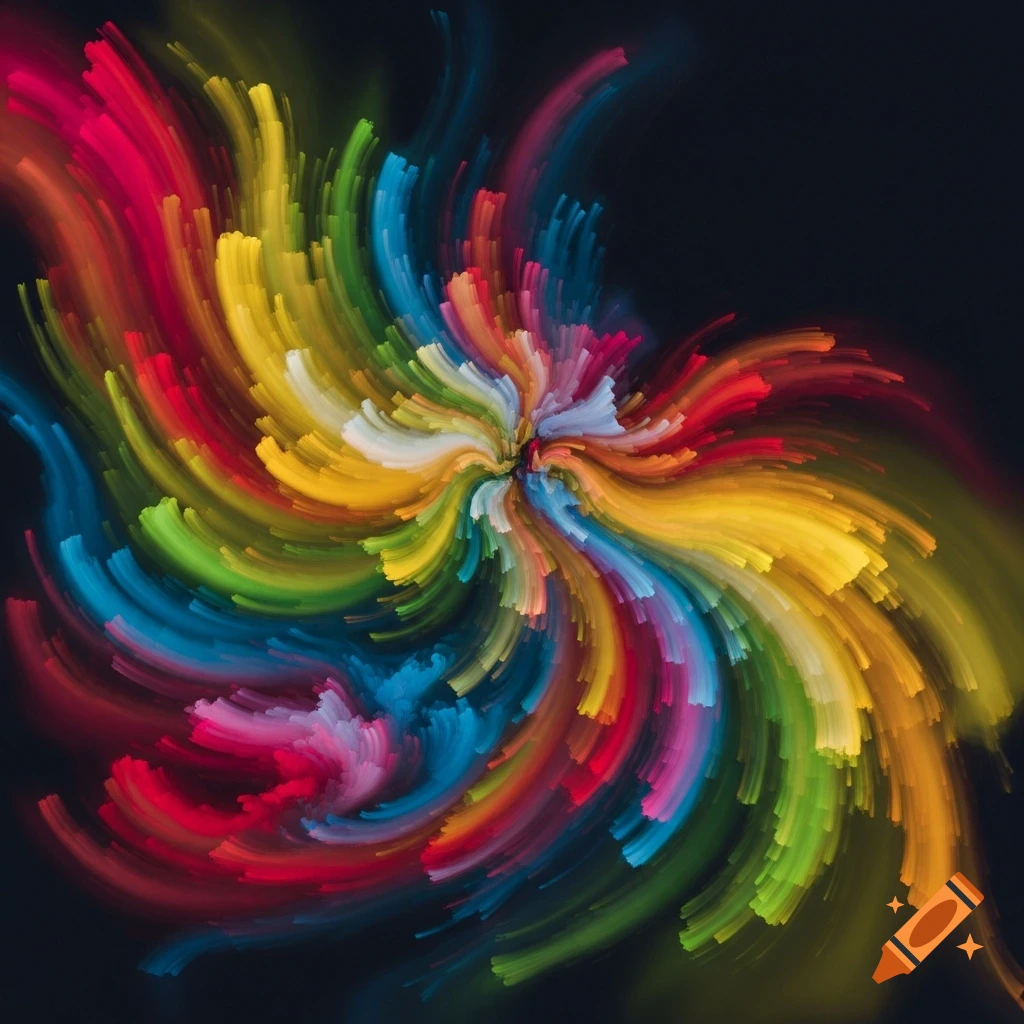 Vibrant explosion of rainbow-colored streaks swirling outwards from a dark center.