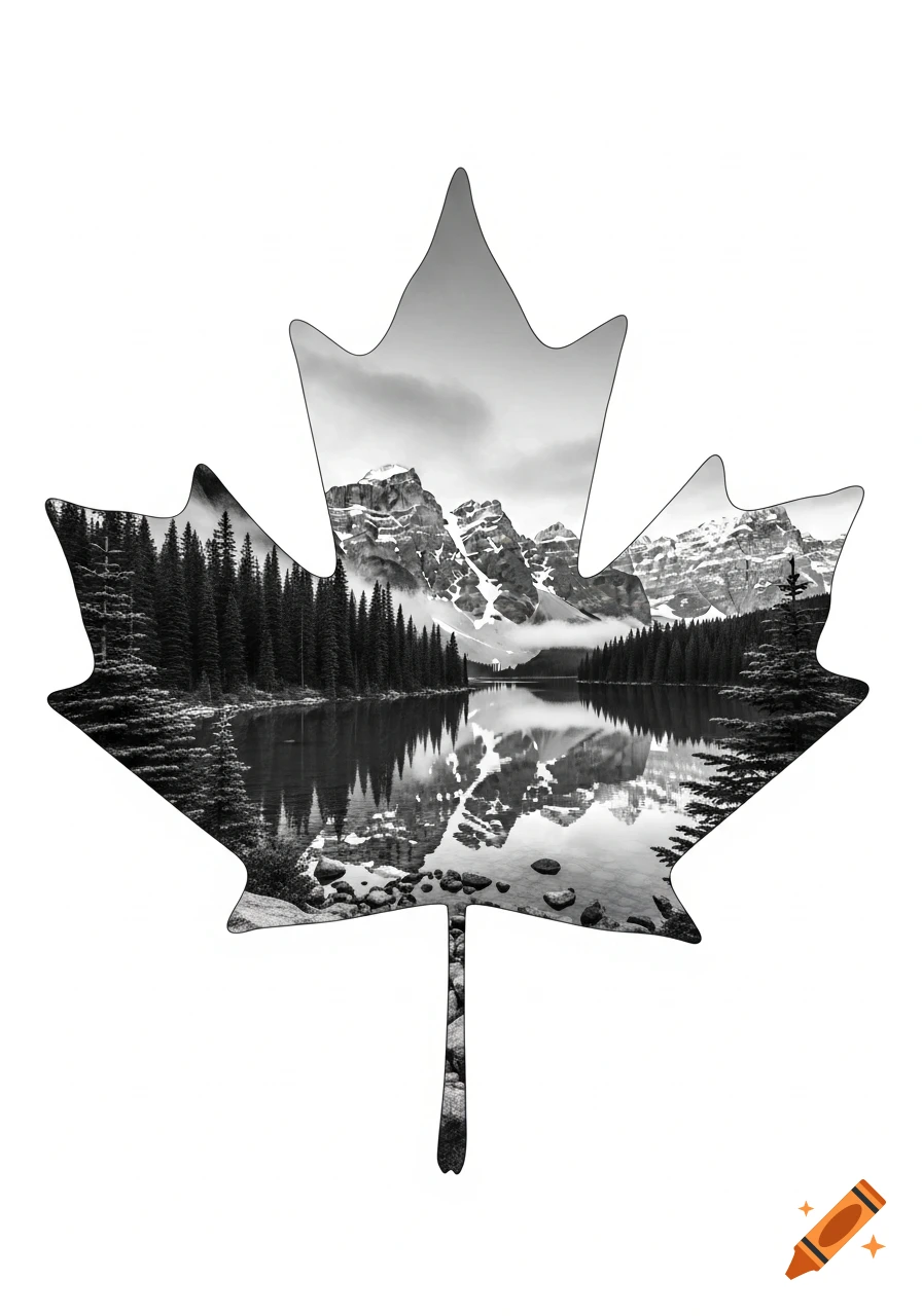 Black and white Canadian mountain and lake landscape with pine trees, framed within a maple leaf silhouette.