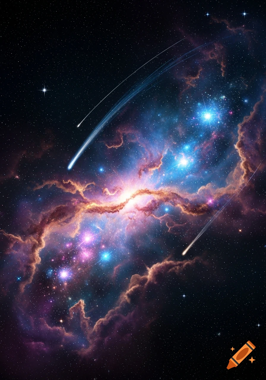 A vibrant cosmic nebula swirls with bright blue, purple, and orange light, surrounded by twinkling stars and streaks of comets against a dark starry sky.