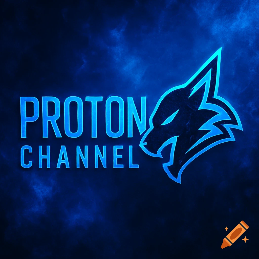 A blue neon logo for 'PROTON CHANNEL' featuring a stylized wolf or fox head against a smoky blue background.