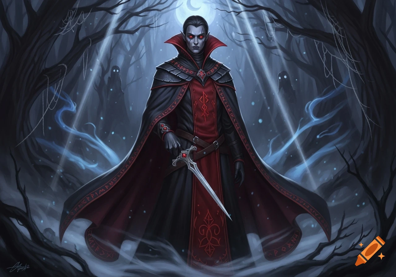 A pale, dark-haired dhampir in a black and red cloak holds a dagger, standing in a moonlit, spooky forest with ghostly figures in the background.