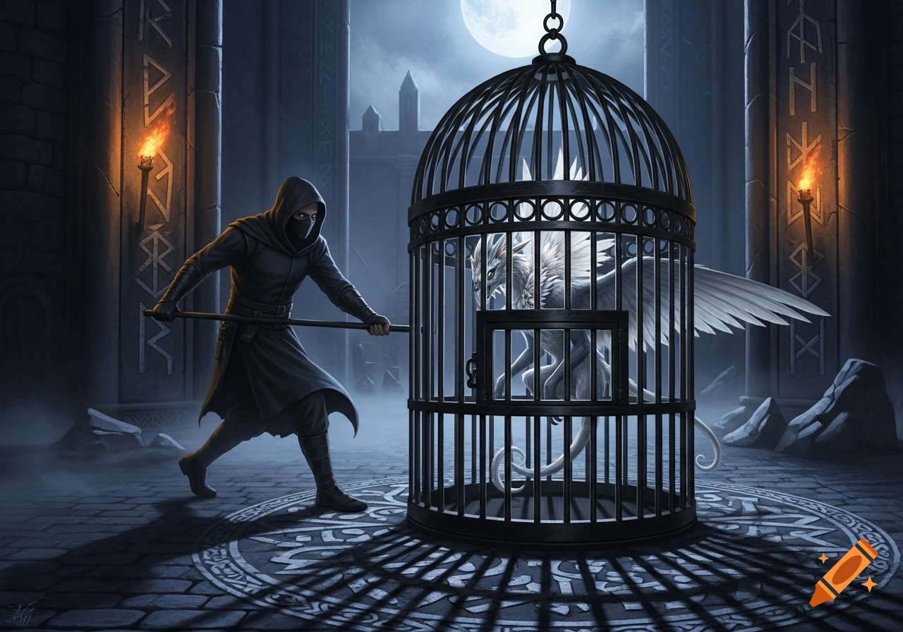 A masked figure with a staff stands by a large black cage holding a white winged creature, in a dark dungeon under a full moon.