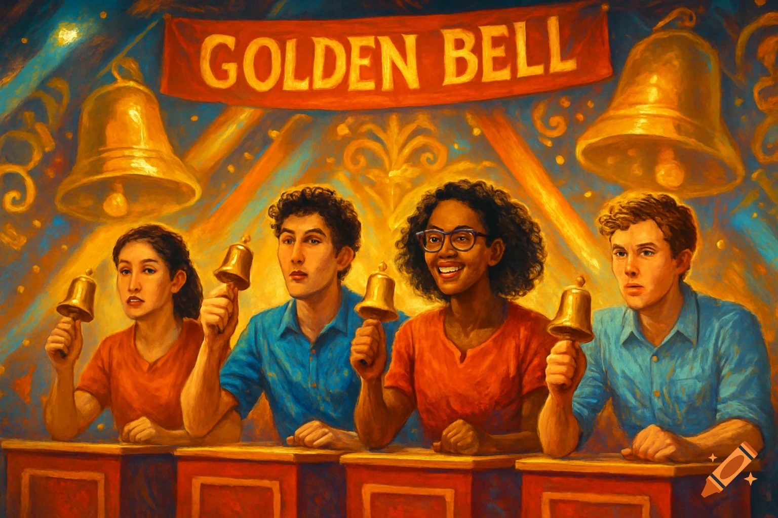 A painterly image of four young adults on a game show stage, each holding a golden handbell, with a "GOLDEN BELL" banner above.