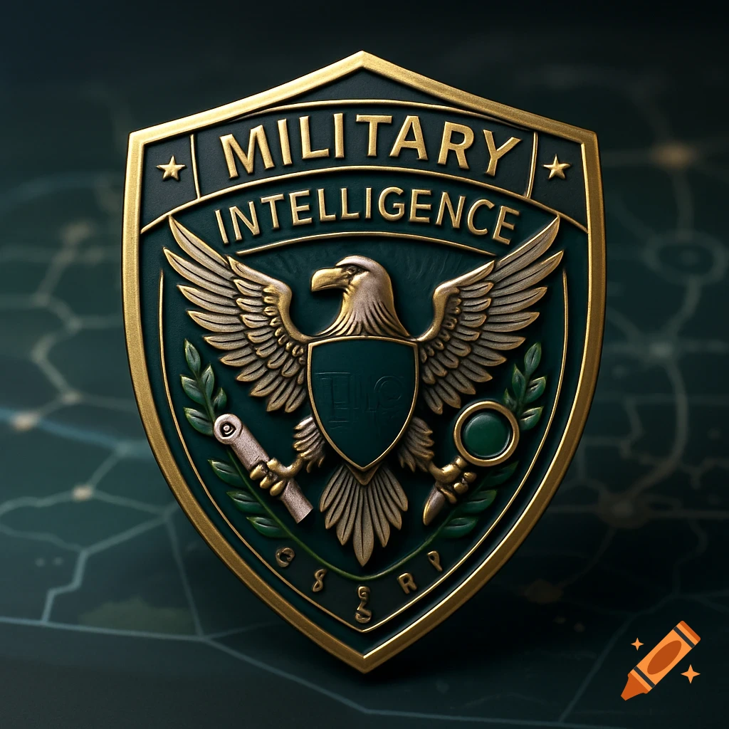 A detailed, gold and dark green military intelligence services badge featuring an eagle on a shield, with "MILITARY INTELLIGENCE" text.