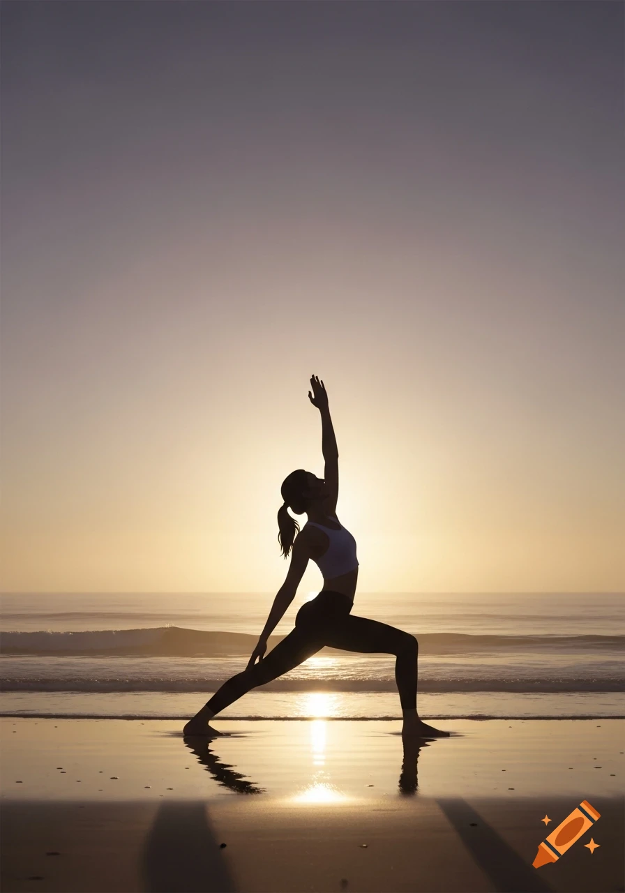 Silhouetted woman in warrior yoga pose on a beach at sunset, with reflections on the wet sand.