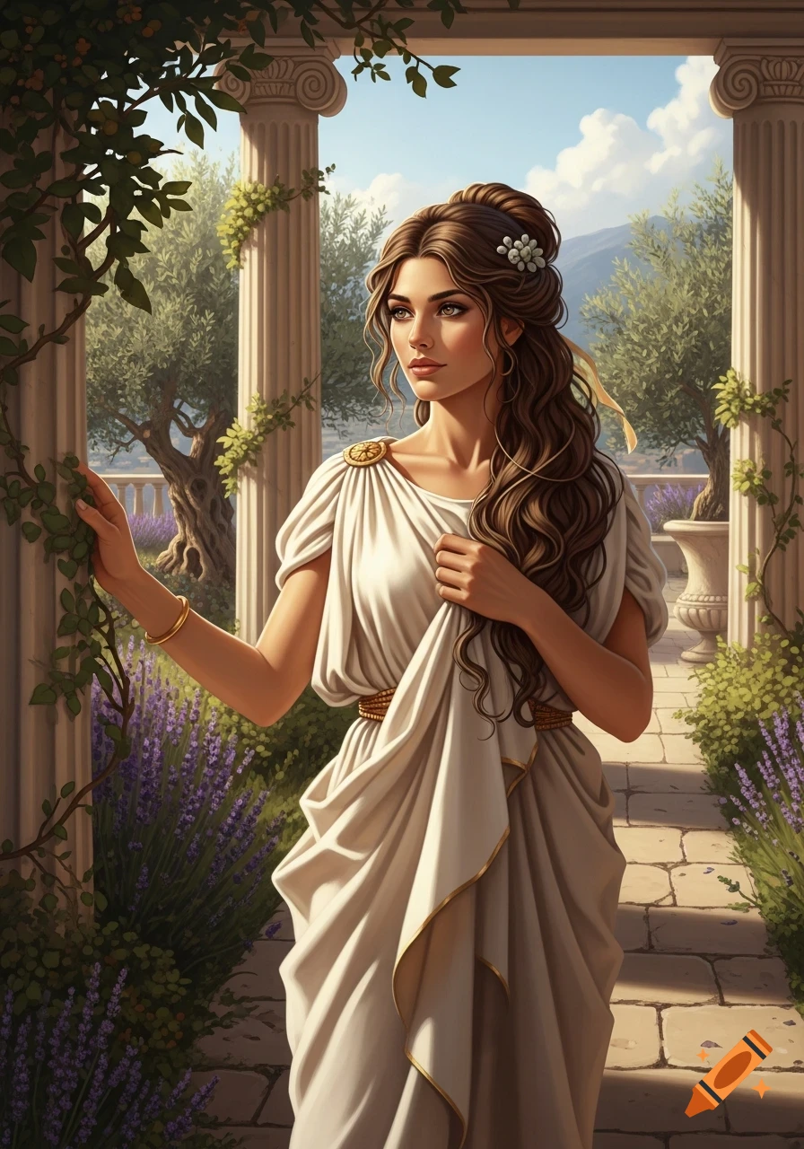 A woman with long brown hair, wearing a white toga, stands in an ancient Greek garden with columns and lavender.