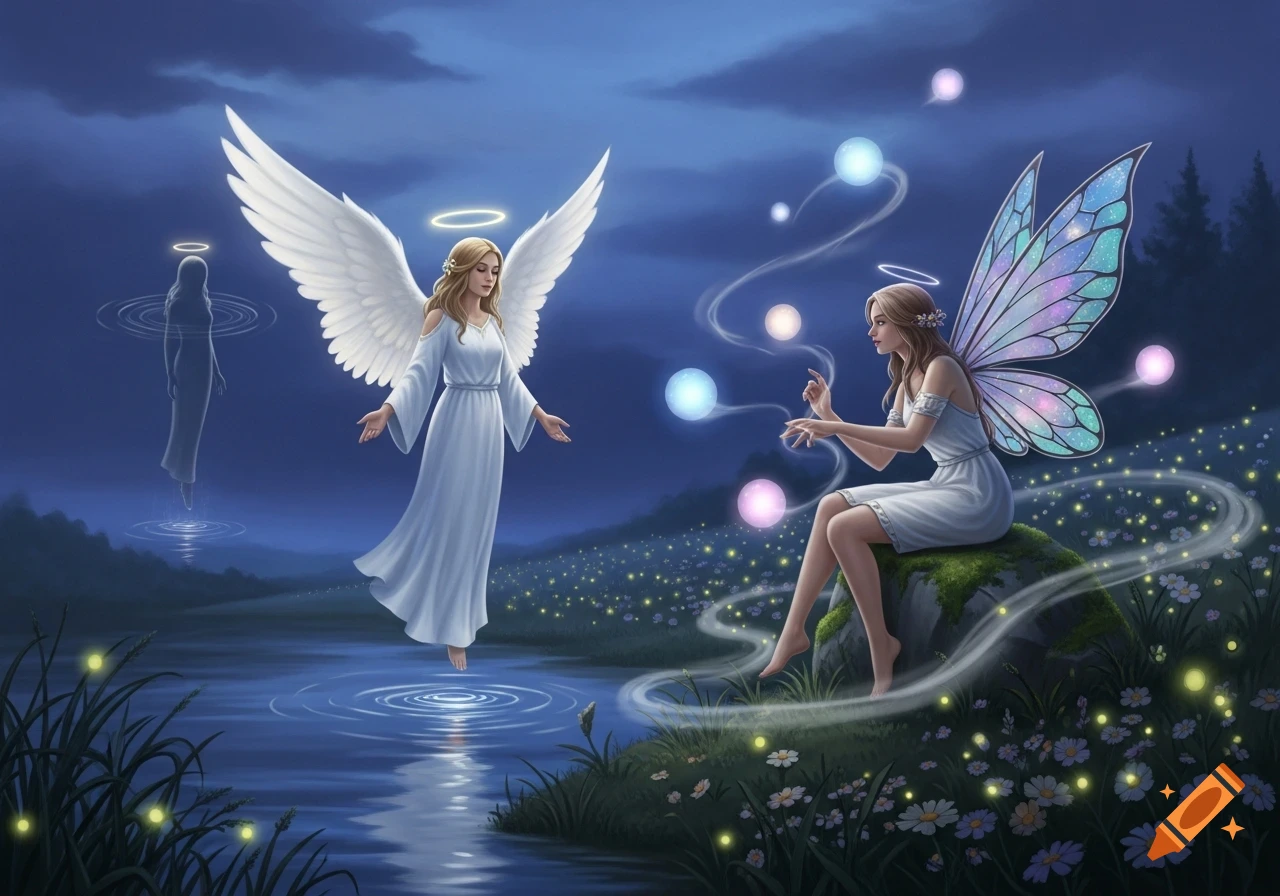An ethereal angel, a winged fae, and a ghostly figure in a moonlit fantasy landscape with glowing flowers and orbs.