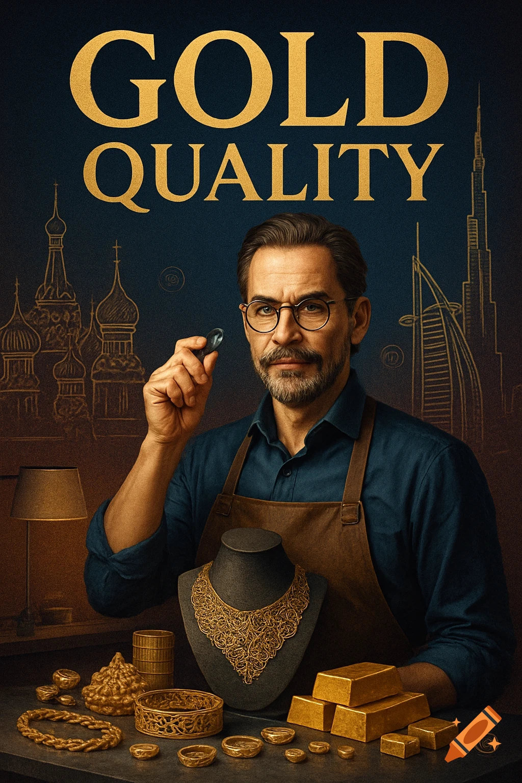 A jeweler in an apron holds a gemstone, surrounded by gold bars, intricate jewelry, and outlined cityscapes, with 'GOLD QUALITY' above.