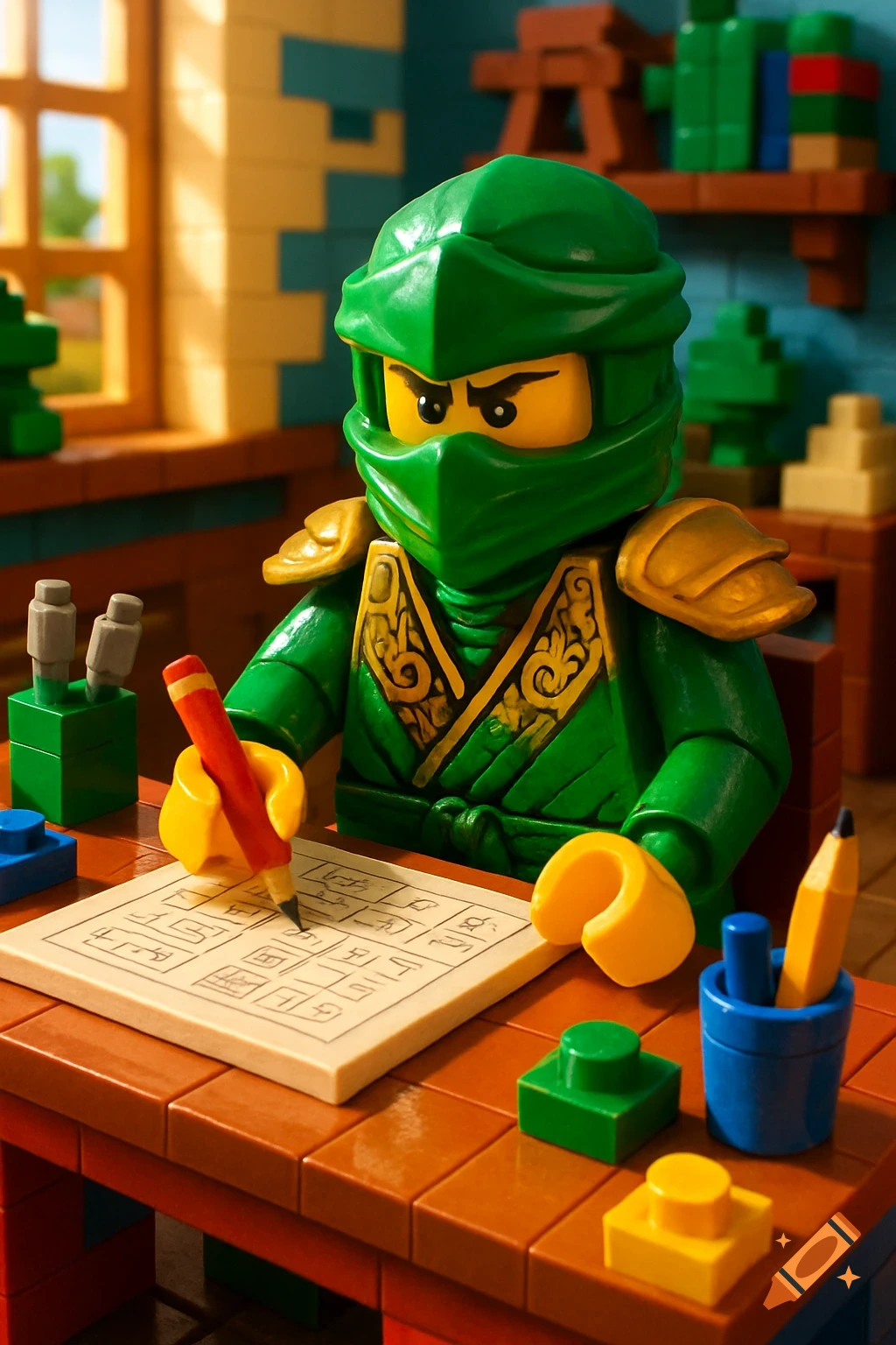 A green Lego Ninjago character, Lloyd, sits at a wooden desk, writing on a white worksheet with a red pencil in a brick-built room.