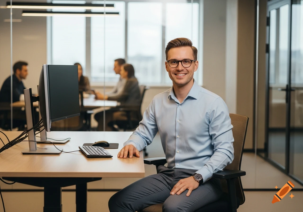Smiling man in glasses and a light blue shirt sitting at an office desk, with blurred colleagues in the background, photorealistic.