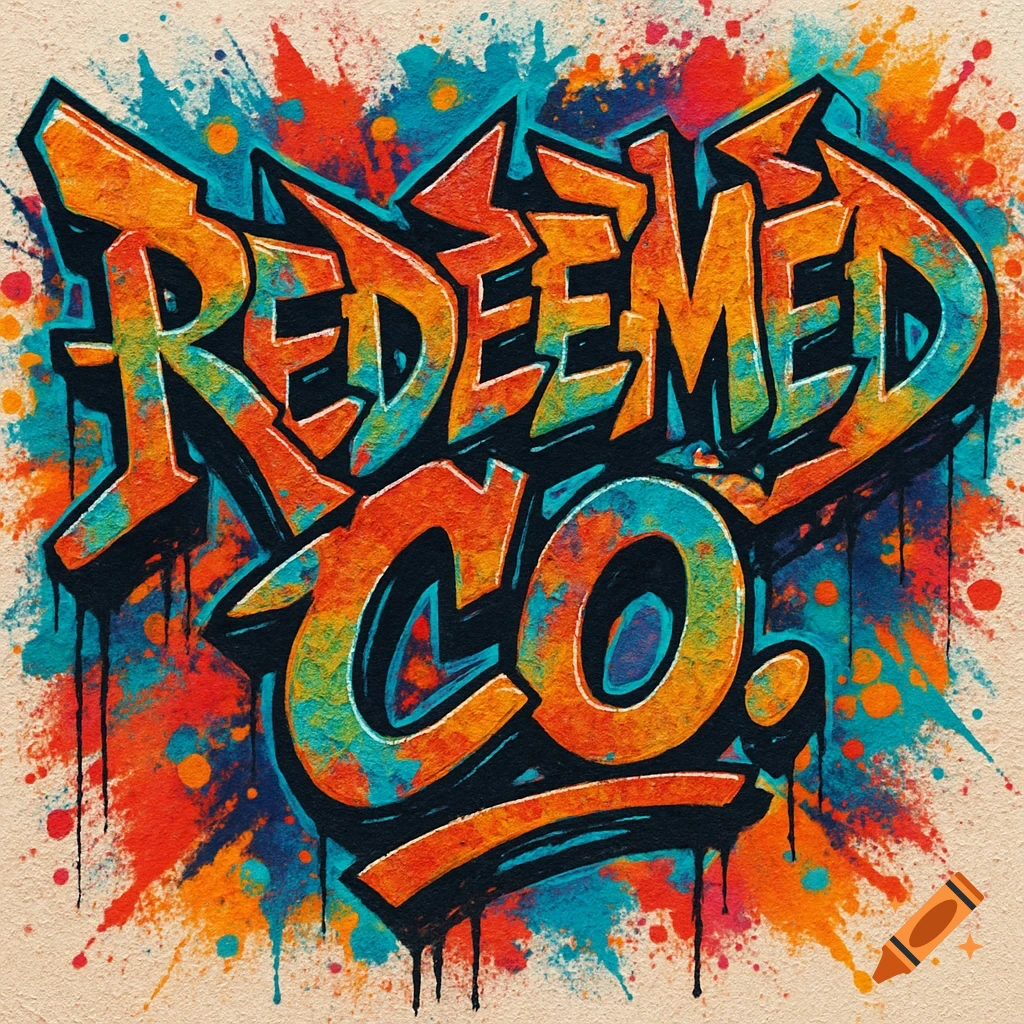 Vibrant wildstyle graffiti logo reading "Redeemed Co." with spray paint texture and drips on a light wall.