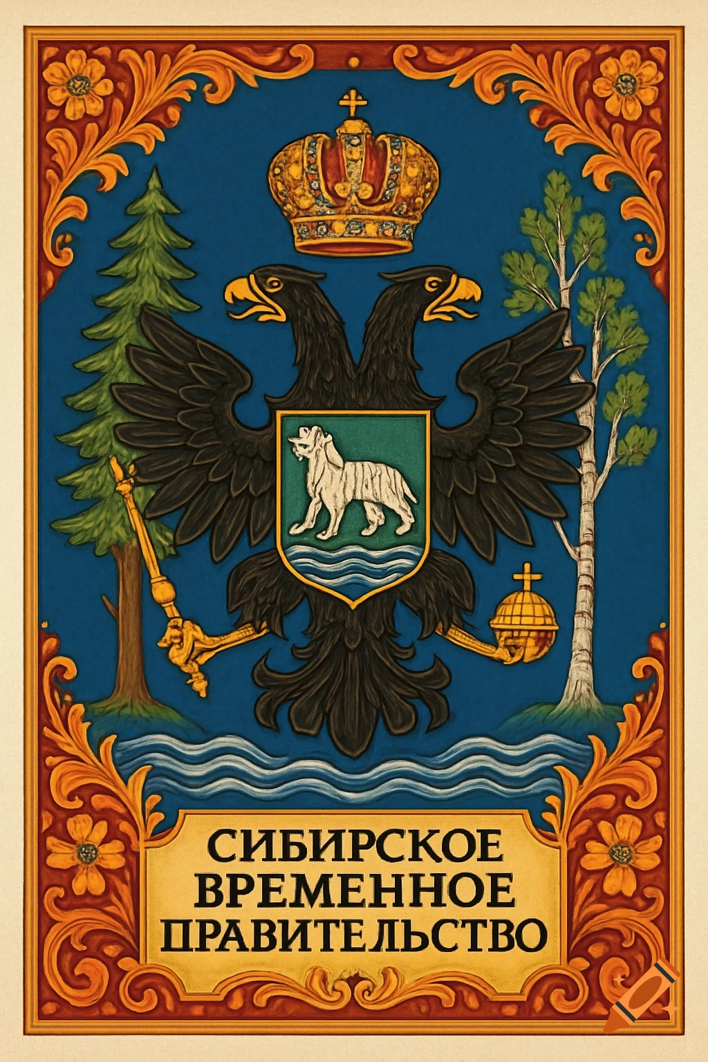 Colorful coat of arms with a black double-headed eagle, crown, shield with a white tiger, and 'Siberian Provisional Government' banner.