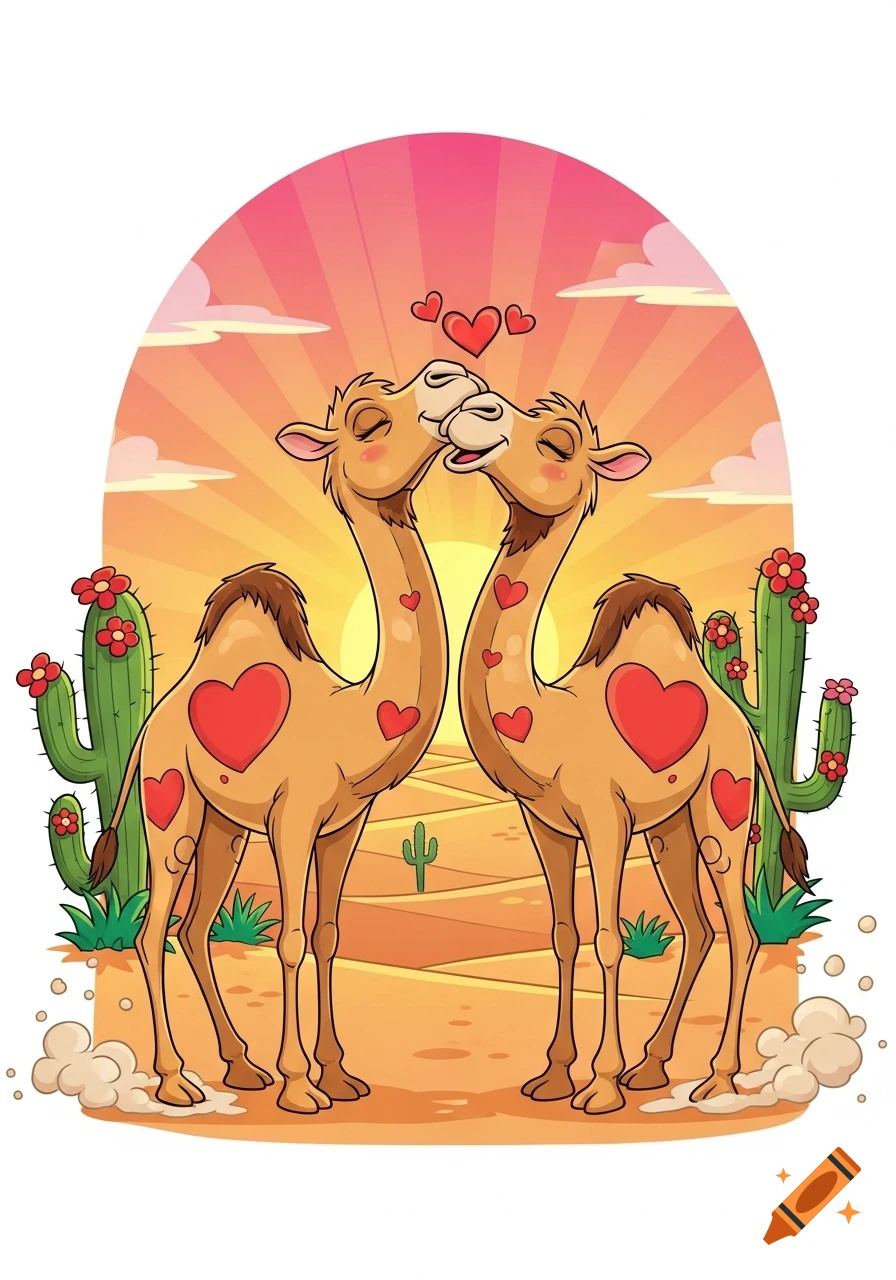 Two cartoon camels nuzzle and kiss, adorned with hearts, in a bright desert sunset scene with cacti.