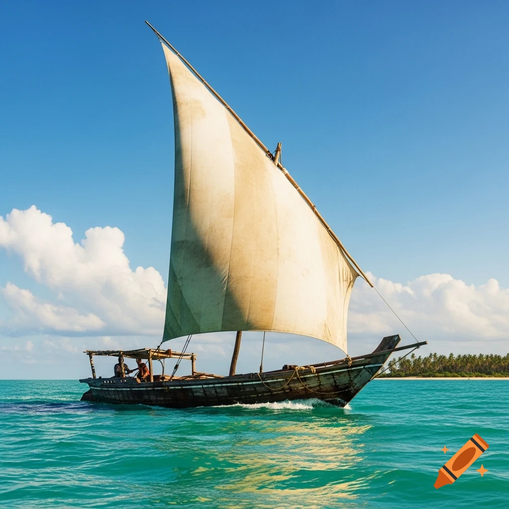 A traditional dhow boat with an open sail navigates turquoise water under a clear blue sky, with a distant tropical coastline.