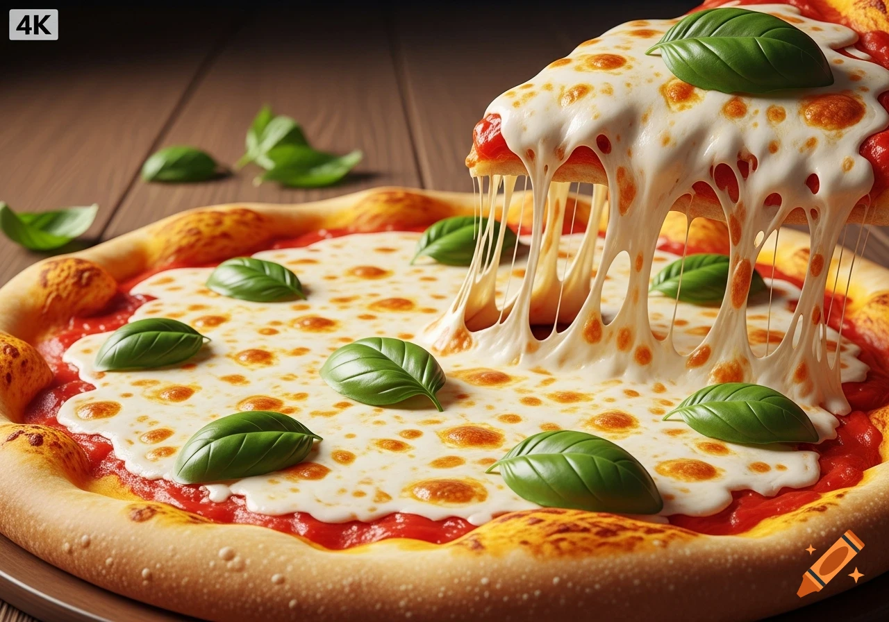 Ultra-realistic food photography of a cheesy pizza slice being pulled from a whole pizza, creating long cheese stretches, garnished with basil leaves.
