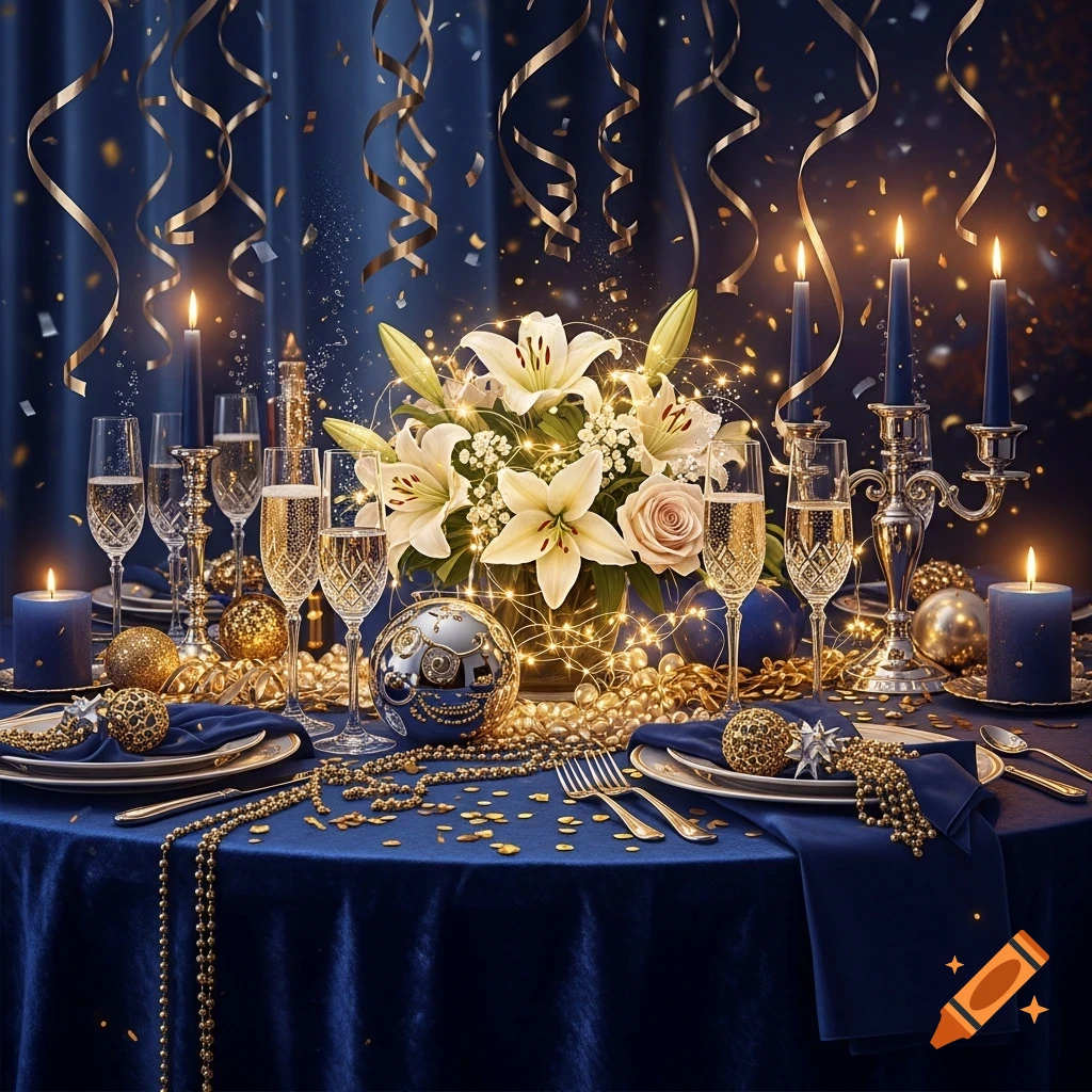 A luxurious festive table setting with a blue tablecloth, gold decorations, champagne, candles, a bouquet of white lilies, and string lights.