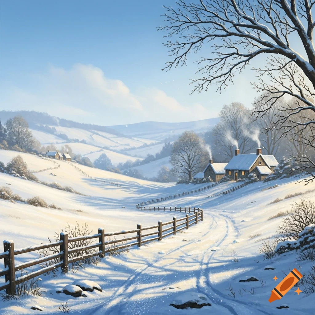 A bright, serene winter landscape with snow-covered rolling hills, a winding fence, and cozy houses emitting smoke from chimneys.