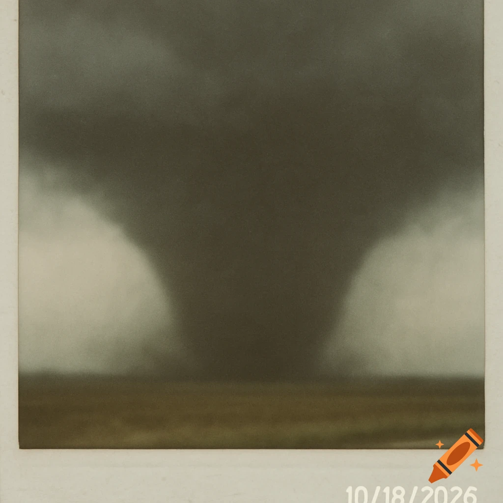 Low-quality, blurred photo of a wide wedge tornado looming over a flat field, with a '10/18/2026' timestamp.