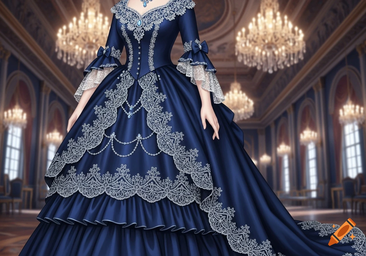 A person in an elaborate navy blue Victorian ball gown with silver lace and jewels stands in a grand ballroom with chandeliers.