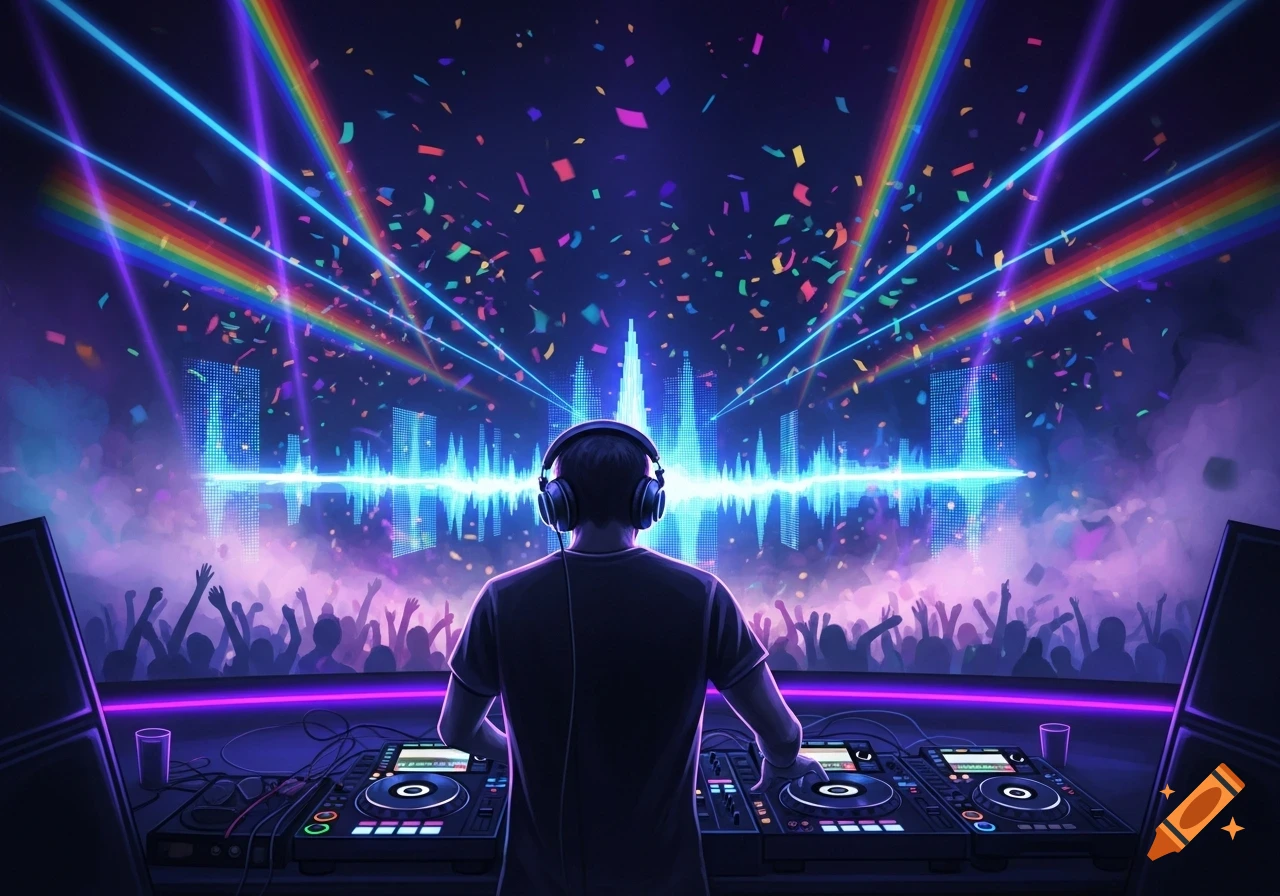 A DJ from behind, mixing music at a vibrant club or concert, with a large crowd, bright laser lights, and falling confetti.