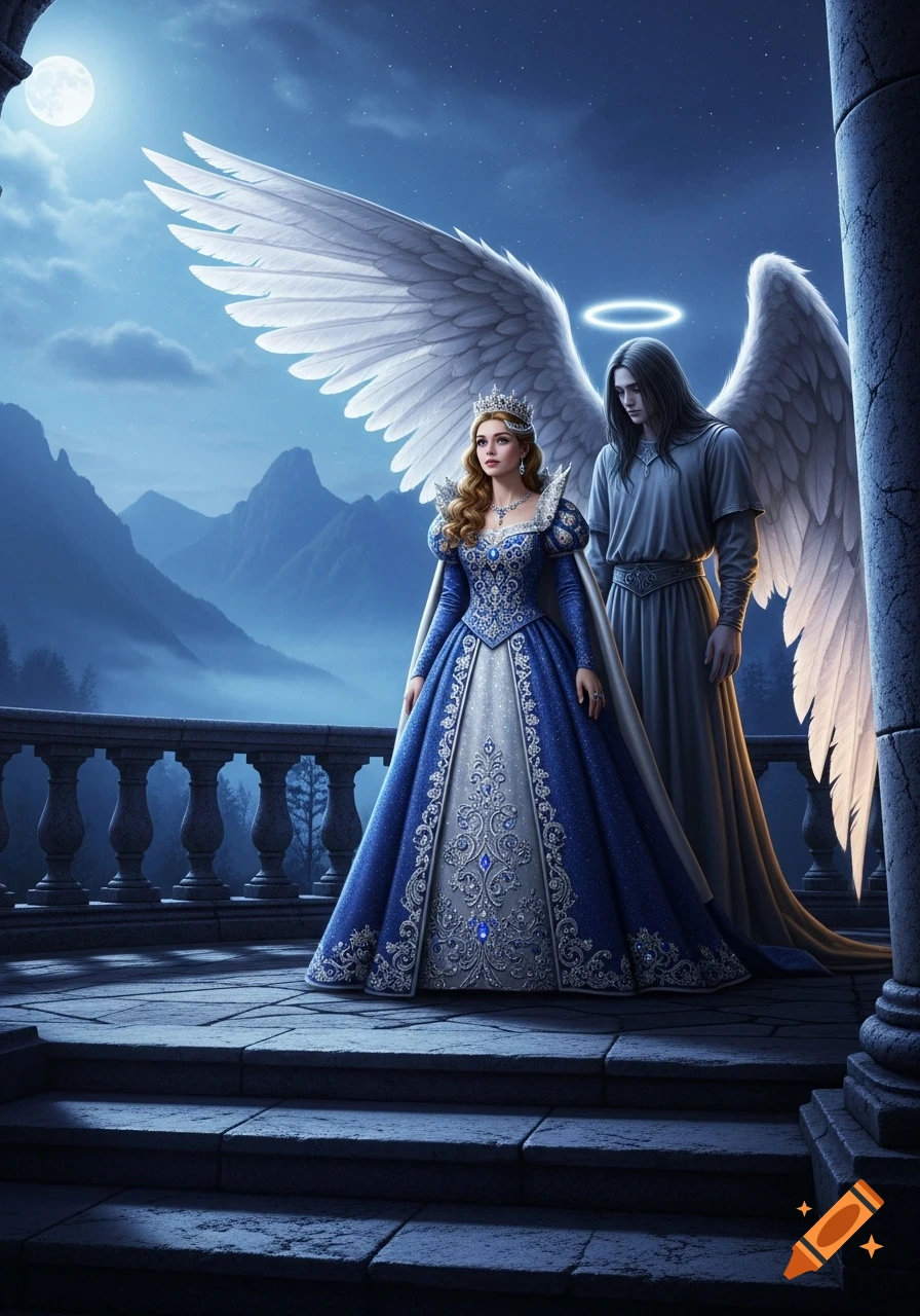 A princess in a blue gown and a dark-haired fallen angel with large white wings stand on a moonlit balcony overlooking mountains.