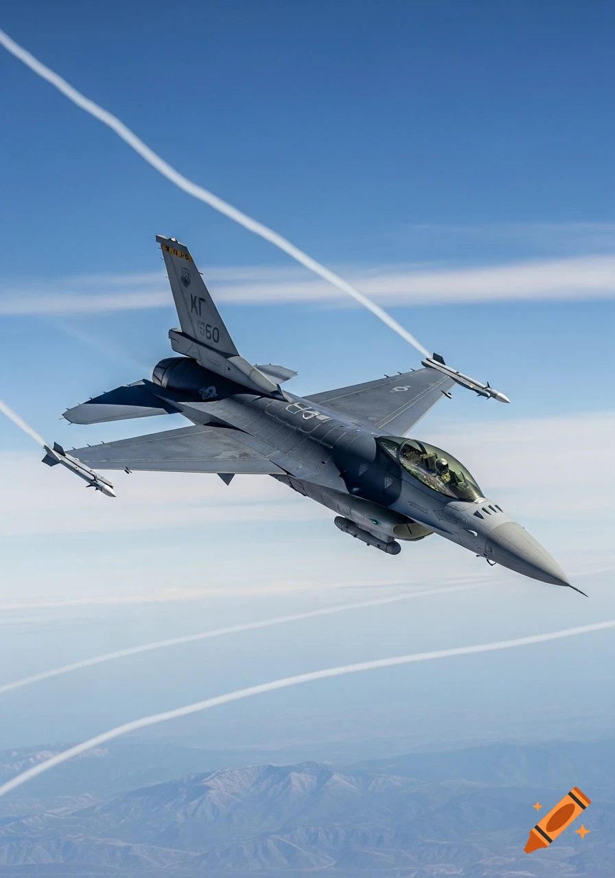 A grey F-16 fighter jet with missiles flies in a clear blue sky above mountains, leaving contrails.