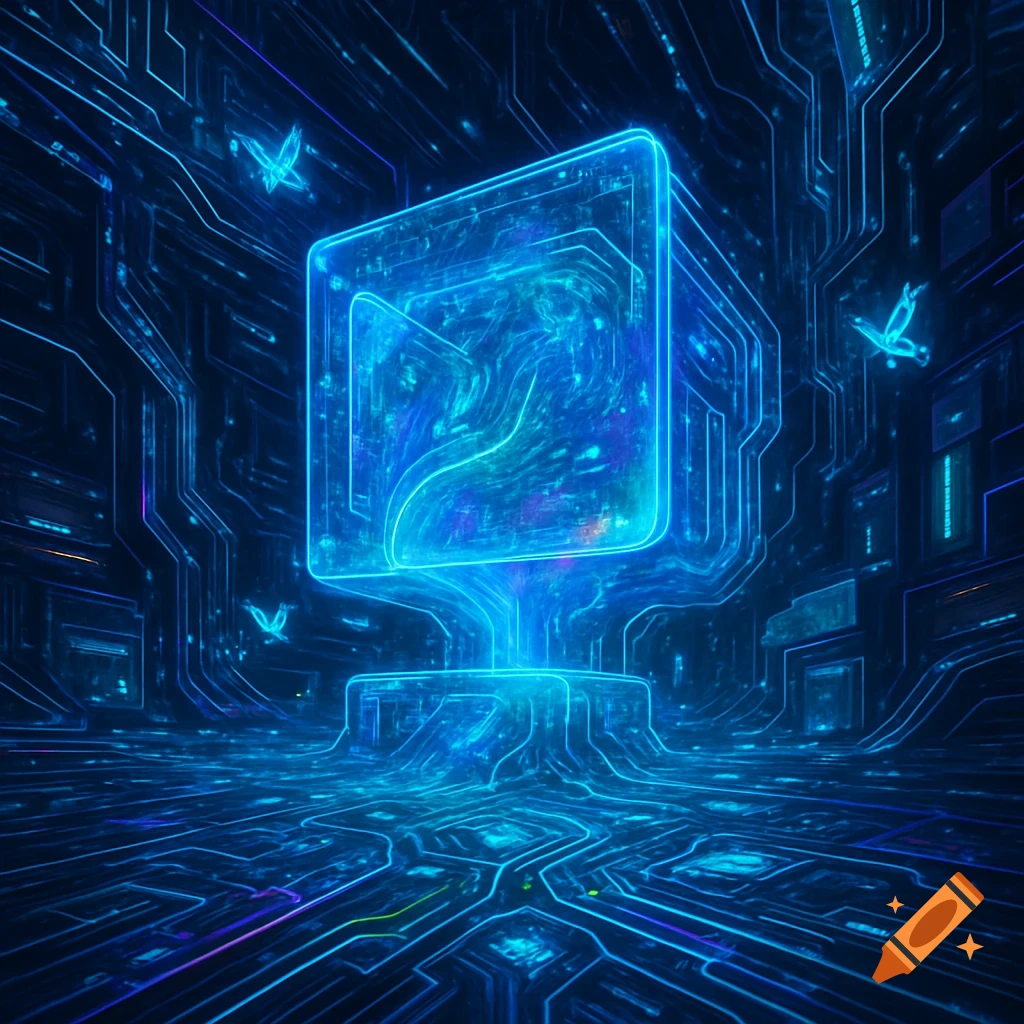 A vibrant, futuristic digital landscape with glowing blue circuit board ...