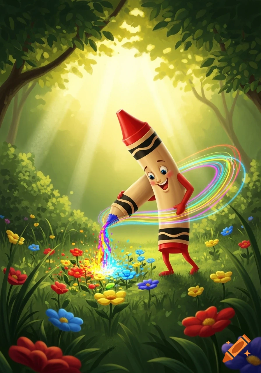 A happy cartoon crayon stands next to another crayon that creates a splash of rainbow colors among blooming flowers in a sunny forest.