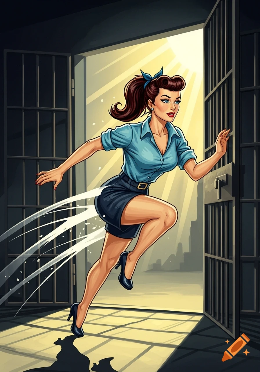 A vibrant pop art illustration of a pin-up style woman with dark hair running dynamically from a dark jail cell into bright sunlight.